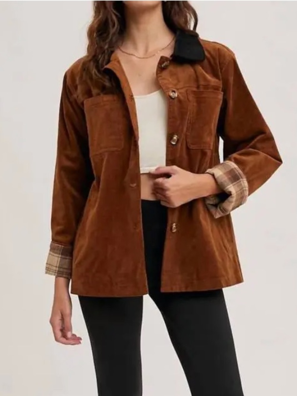Blu Ivy Chestnut Brown Shacket with Contrasting Collar